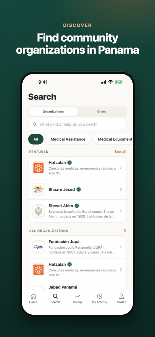 App Store screenshot: Search screen listing community organizations in Panama