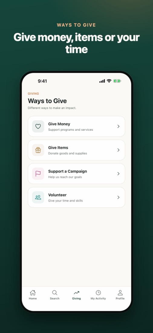App Store screenshot: Ways to Give screen